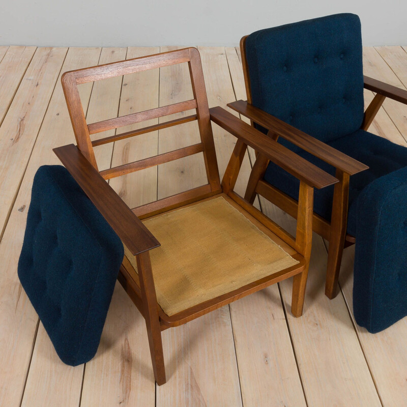 Pair of vintage armchairs in teak wood and blue wool, Denmark 1960