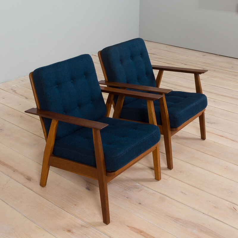 Pair of vintage armchairs in teak wood and blue wool, Denmark 1960