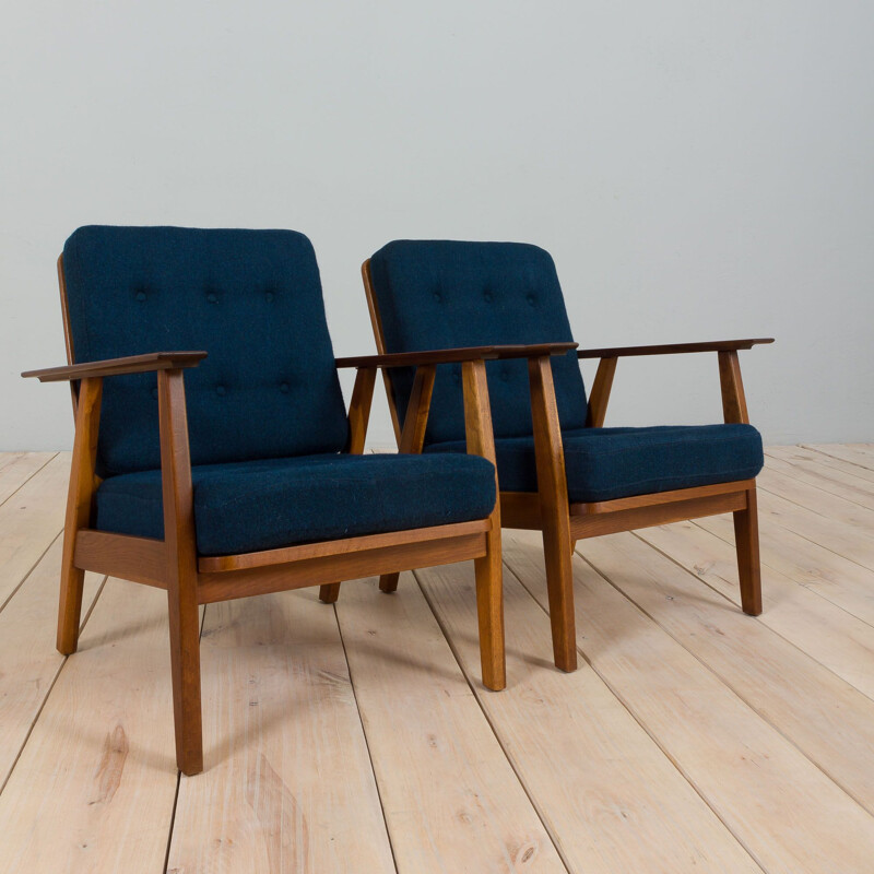 Pair of vintage armchairs in teak wood and blue wool, Denmark 1960