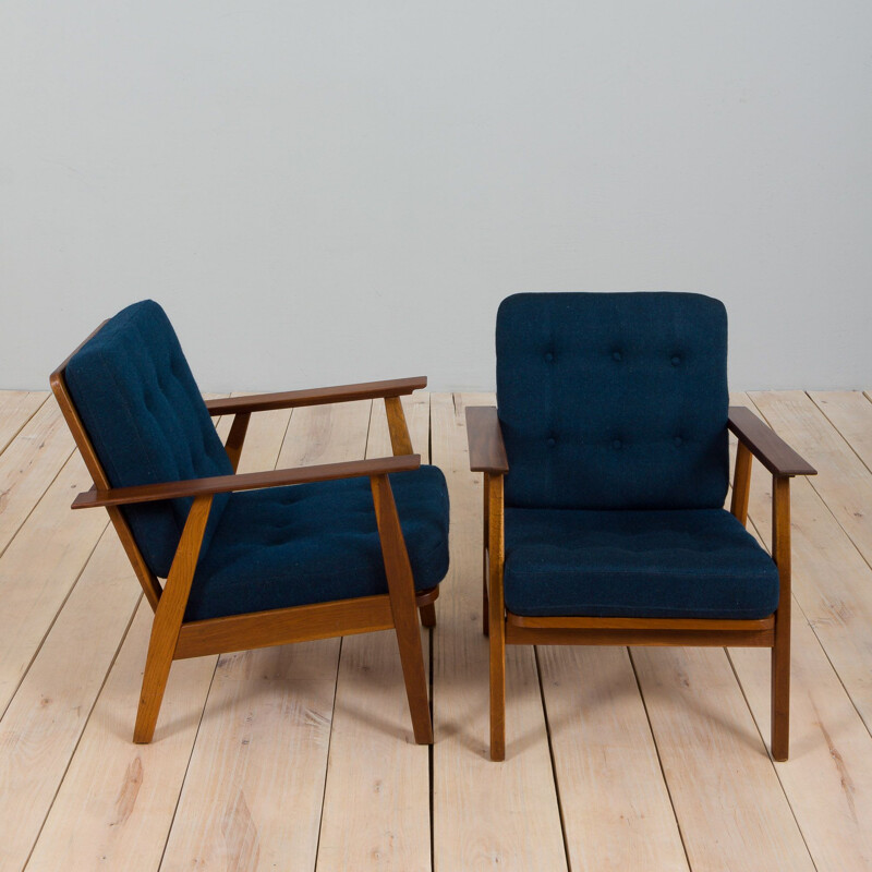 Pair of vintage armchairs in teak wood and blue wool, Denmark 1960