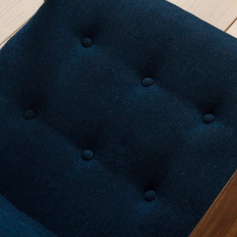 Pair of vintage armchairs in teak wood and blue wool, Denmark 1960