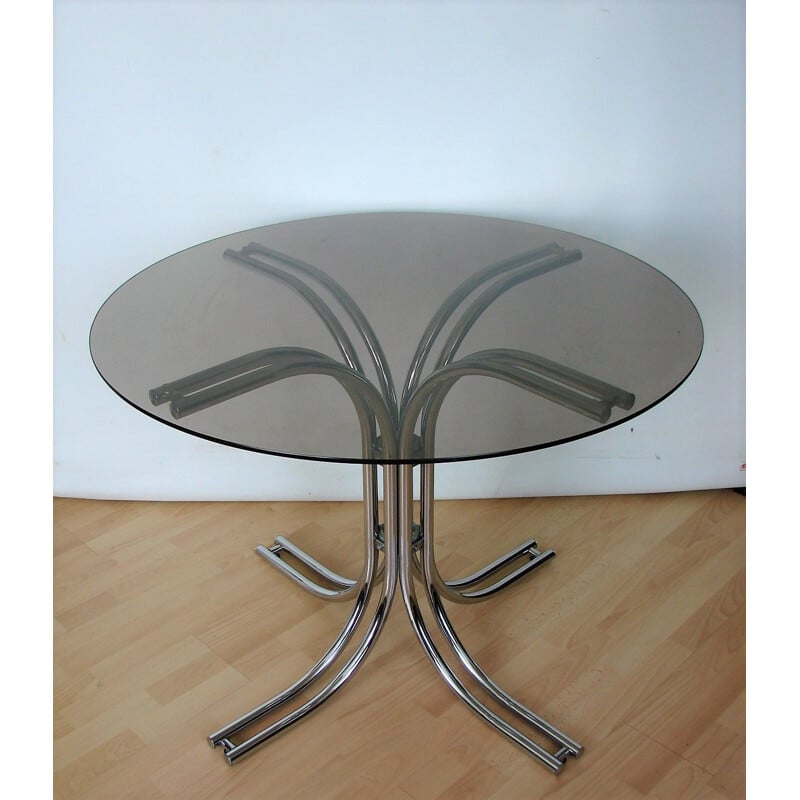 Table ronde vintage en verre et chrome, 1970