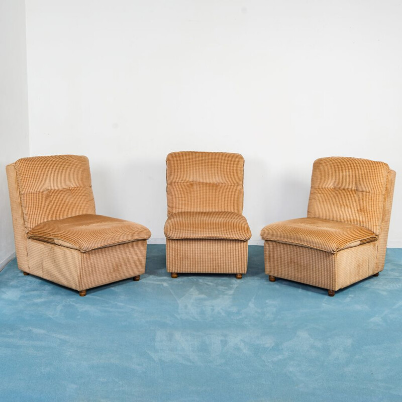 Set of 3 vintage modular wooden and velvet armchairs, 1970s