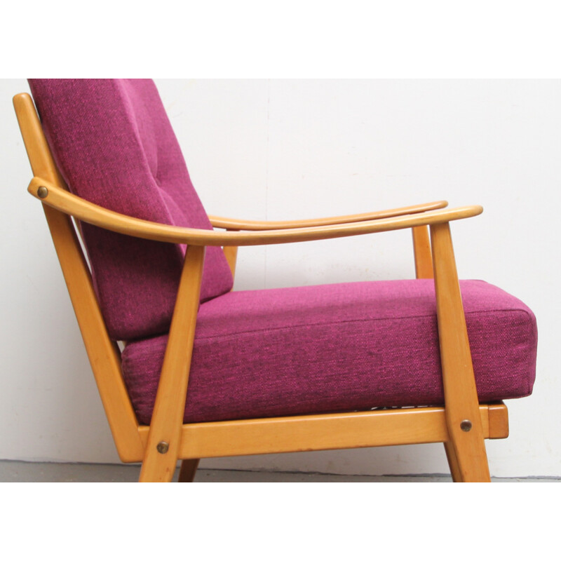 Fauteuil vintage retapissé en bois massif et tissu - 1950