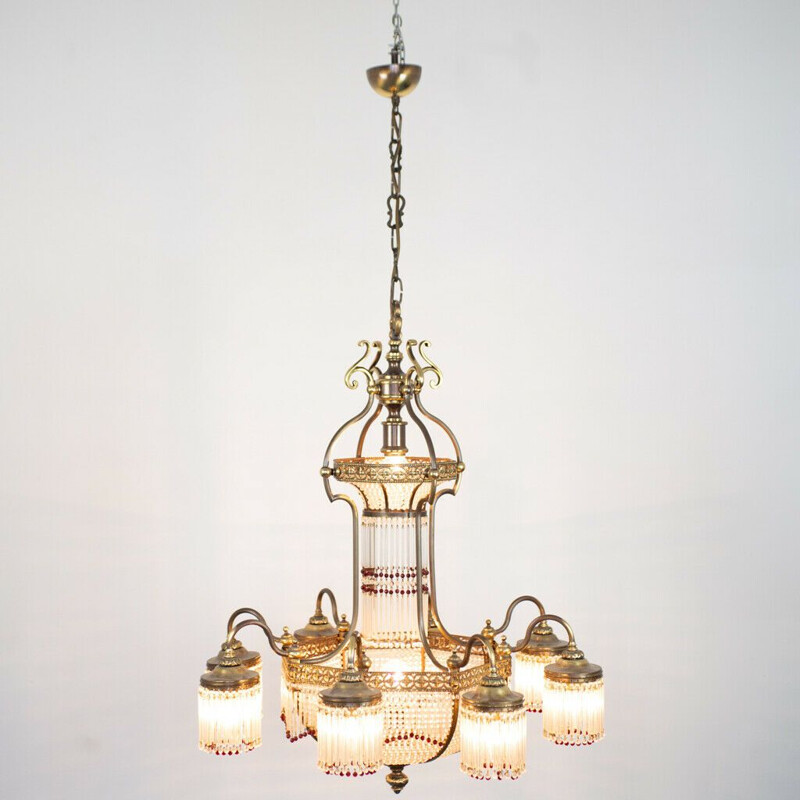Vintage 10-light brass and crystal chandelier, 1950