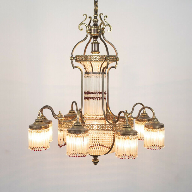 Latão Vintage 10-luzes e candelabro de cristal, 1950