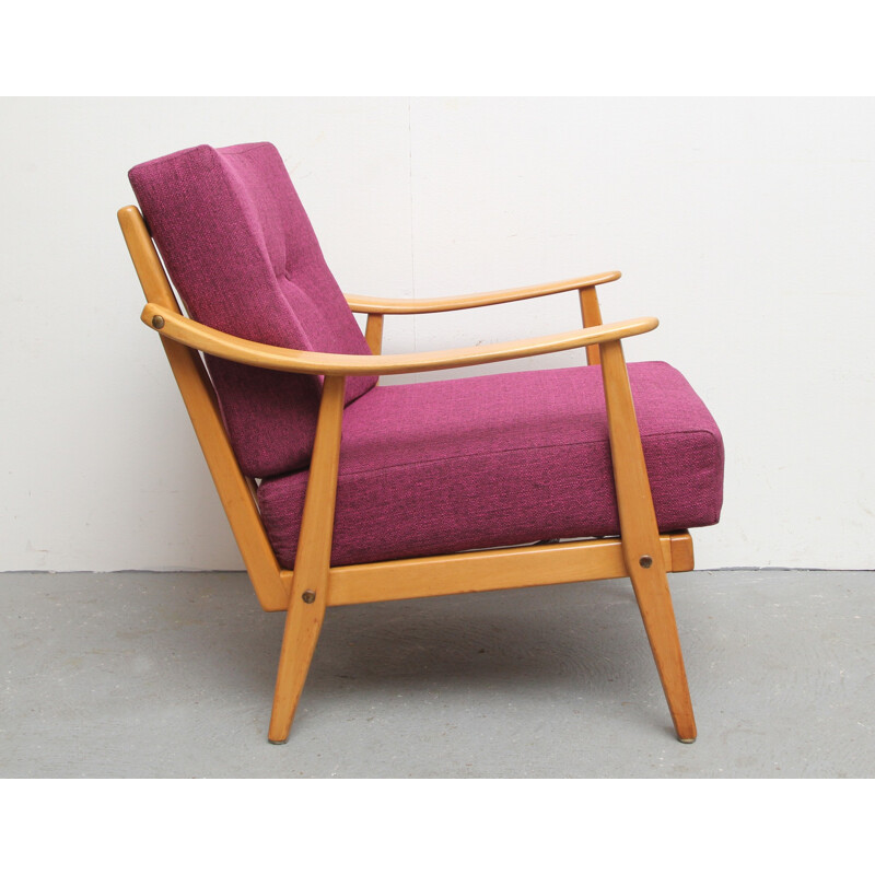 Mid century reupholstered armchair in solid wood and fabric - 1950s