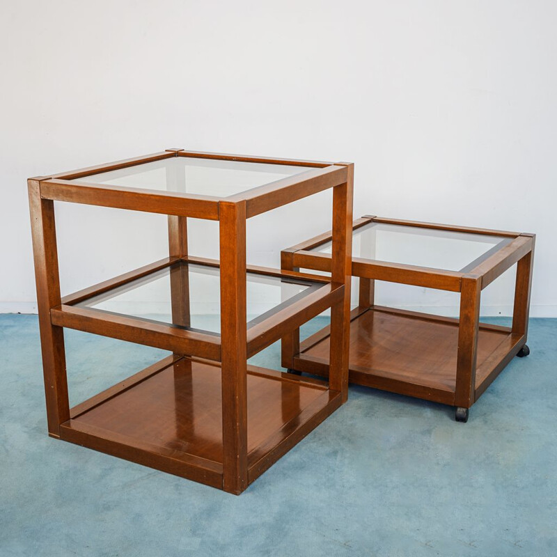 Pair of vintage cherry wood and glass side tables with wheels