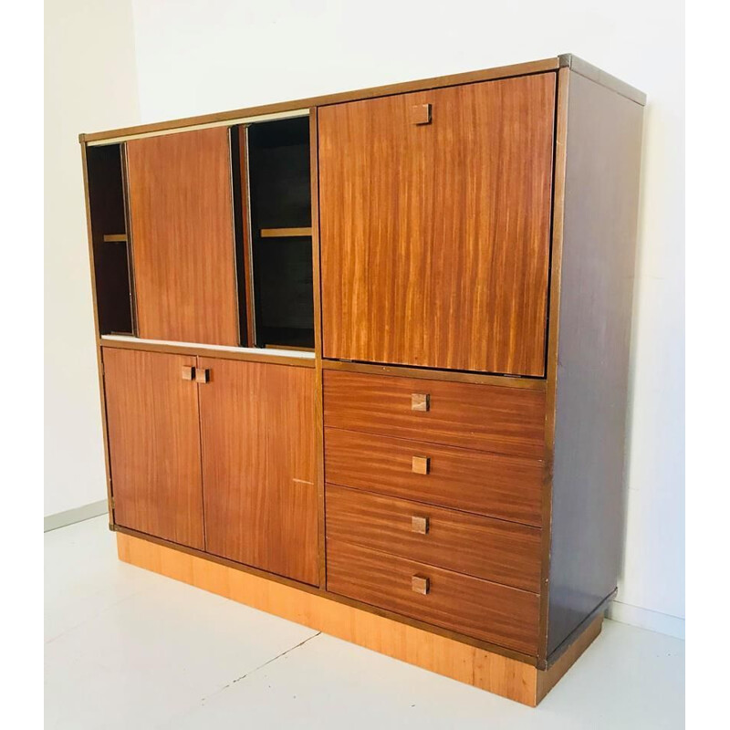 Vintage highboard in solid wood with retractable sliding doors