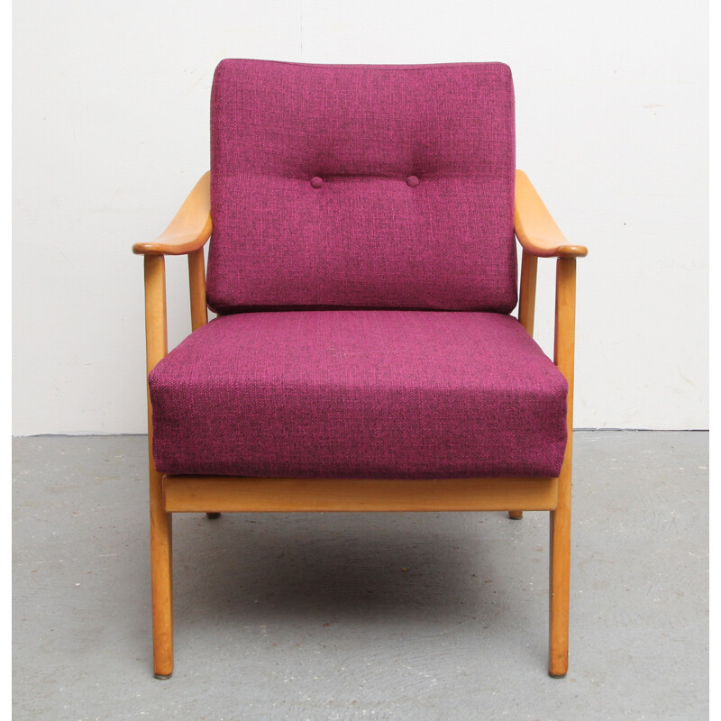 Mid century reupholstered armchair in solid wood and fabric - 1950s