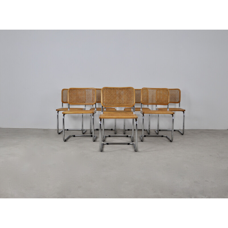 Set of 8 vintage B32 chairs in wood, metal and cane by Marcel Breuer