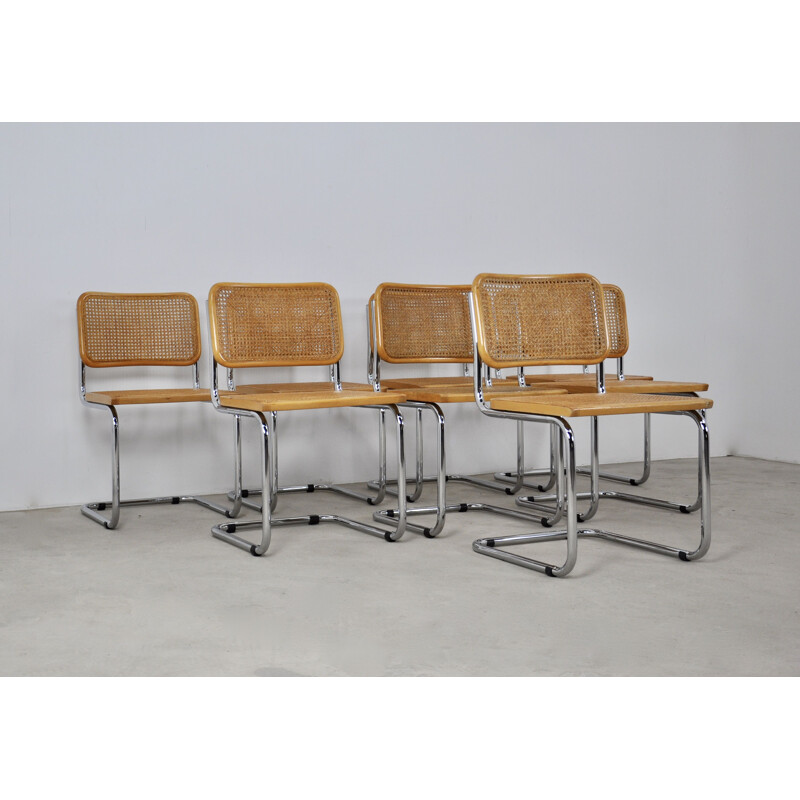 Set of 8 vintage B32 chairs in wood, metal and cane by Marcel Breuer