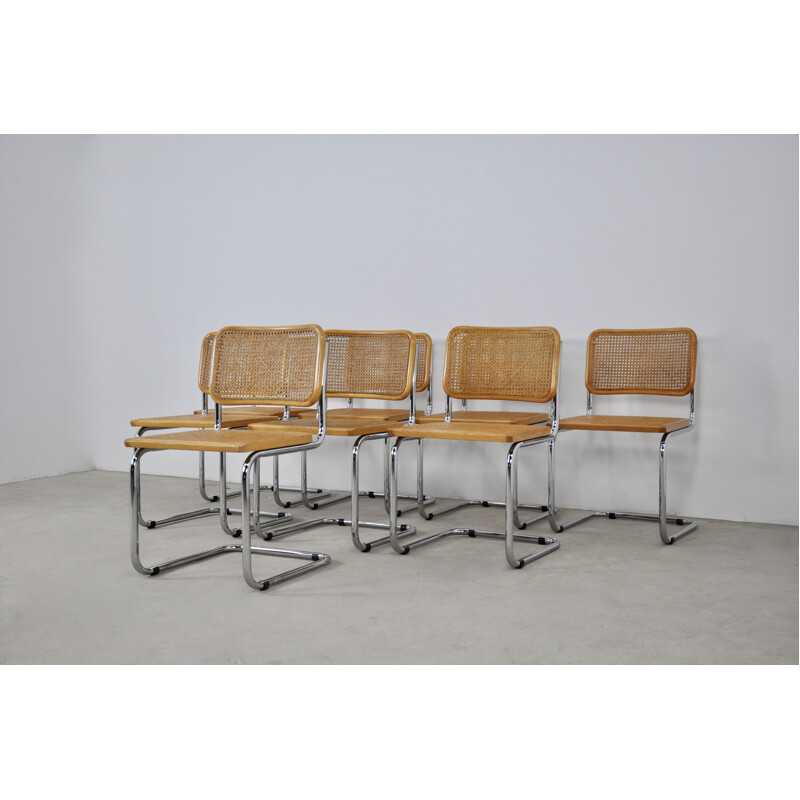 Set of 8 vintage B32 chairs in wood, metal and cane by Marcel Breuer