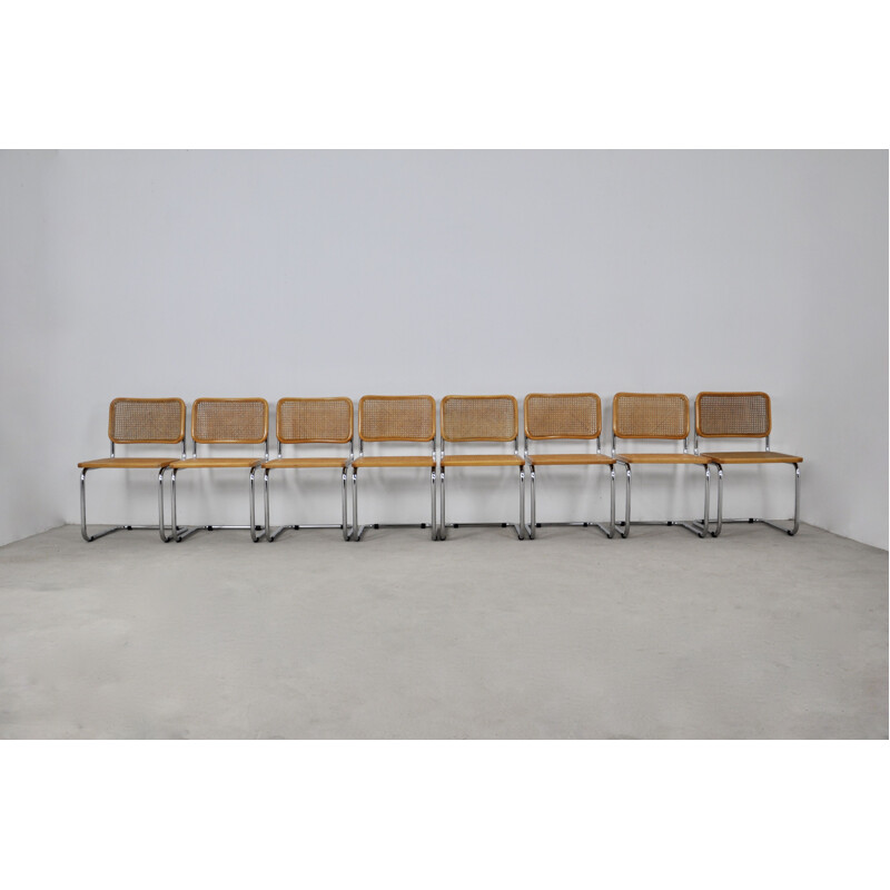 Set of 8 vintage B32 chairs in wood, metal and cane by Marcel Breuer