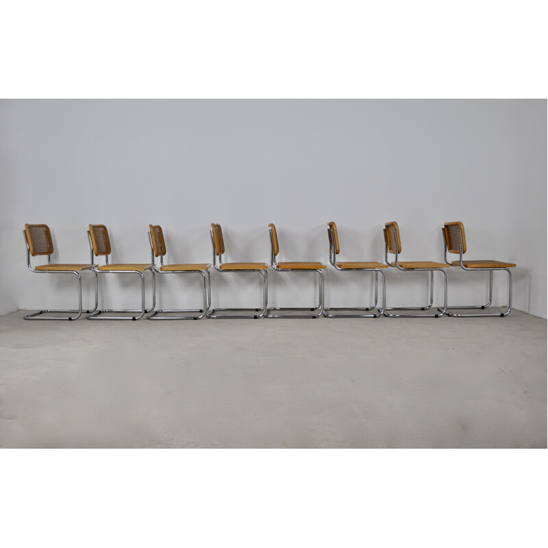 Set of 8 vintage B32 chairs in wood, metal and cane by Marcel Breuer