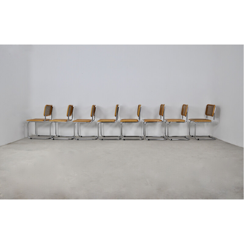 Set of 8 vintage B32 chairs in wood, metal and cane by Marcel Breuer