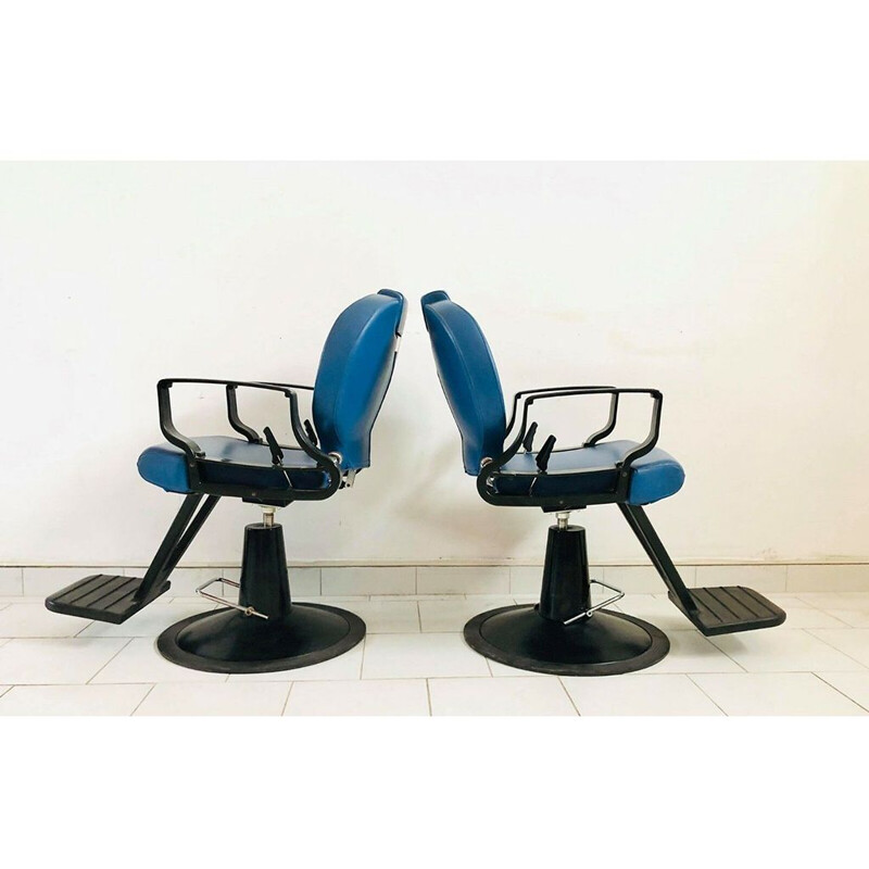 Pair of vintage blue and black reclining barber chair, 1980s