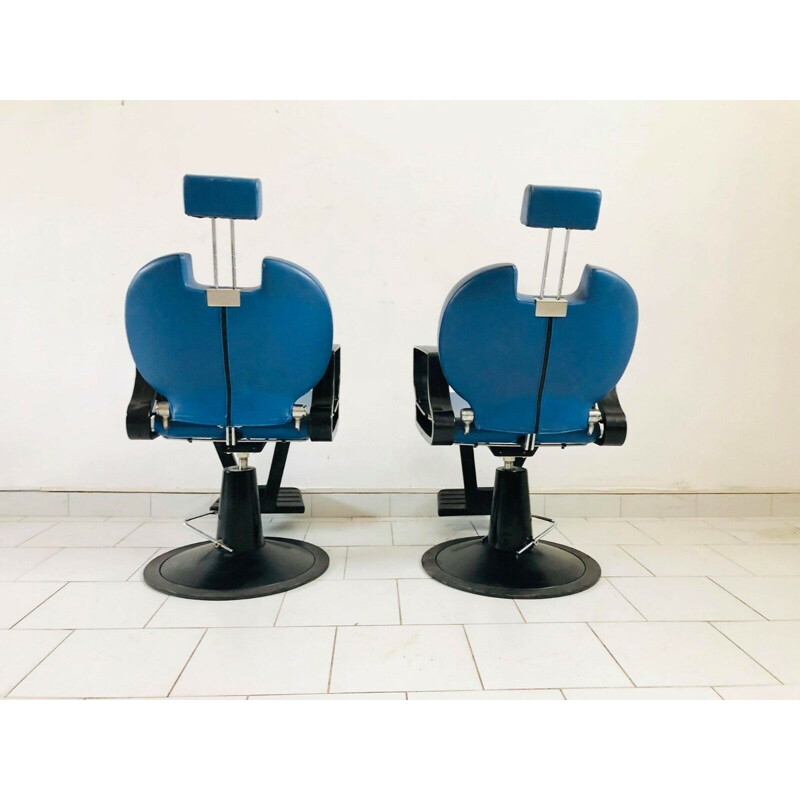 Pair of vintage blue and black reclining barber chair, 1980s