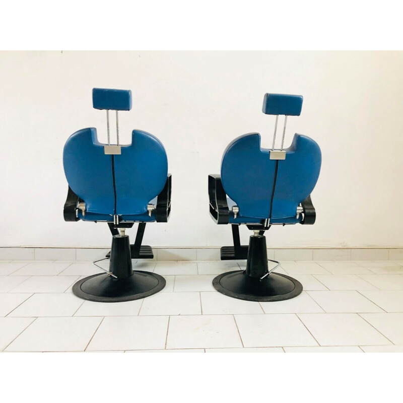 Pareja de sillas de barbero reclinables en azul y negro, 1980