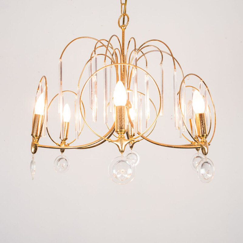 Vintage brass and glass 6-light pendant lamp, 1970