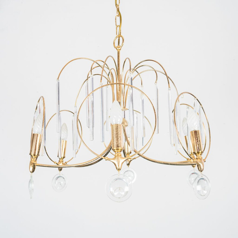 Vintage brass and glass 6-light pendant lamp, 1970