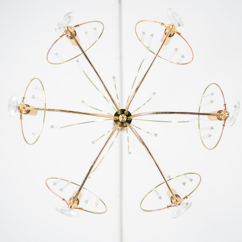 Vintage brass and glass 6-light pendant lamp, 1970