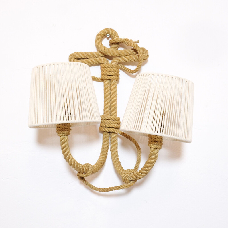 Vintage two-light wall lamp in braided rope, 1950-1960