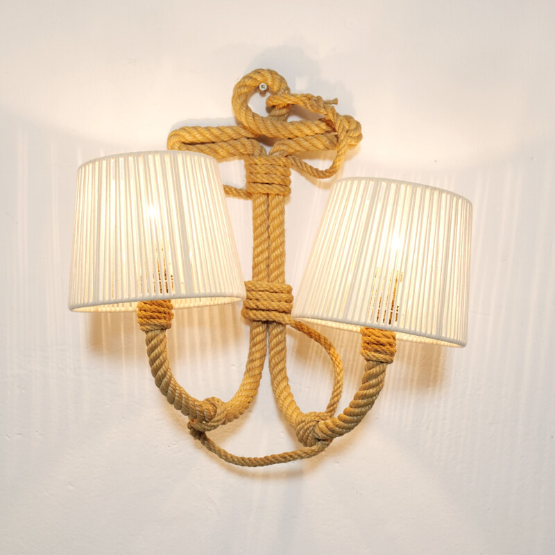 Vintage two-light wall lamp in braided rope, 1950-1960