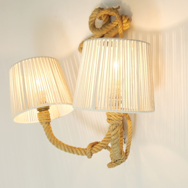 Vintage two-light wall lamp in braided rope, 1950-1960