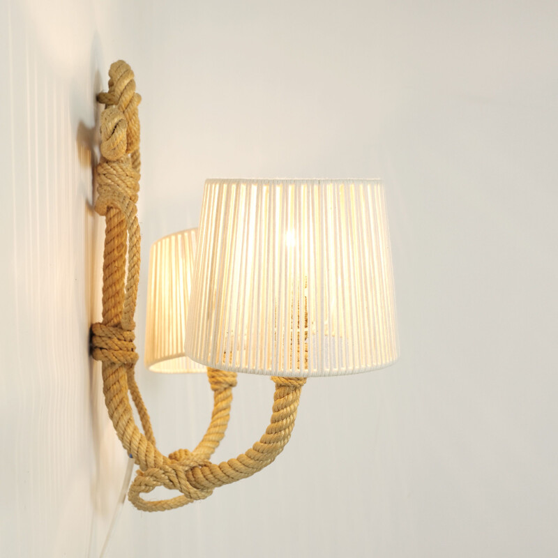 Vintage two-light wall lamp in braided rope, 1950-1960