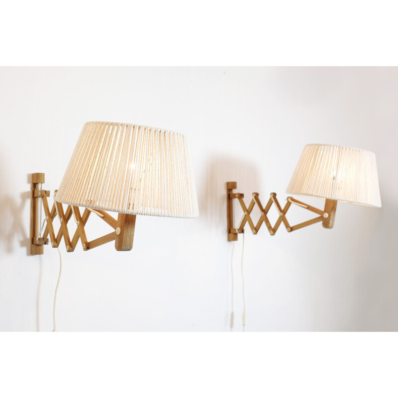 Pair of vintage pine accordion wall lamps with cotton cord shade, 1970-1980