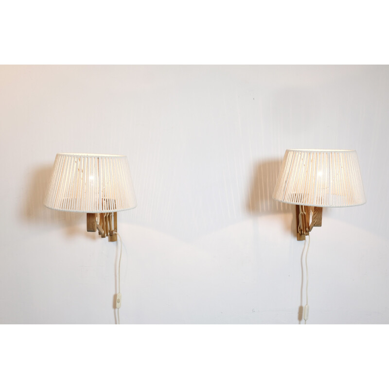 Pair of vintage pine accordion wall lamps with cotton cord shade, 1970-1980