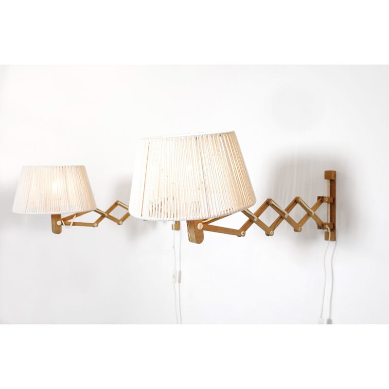 Pair of vintage pine accordion wall lamps with cotton cord shade, 1970-1980