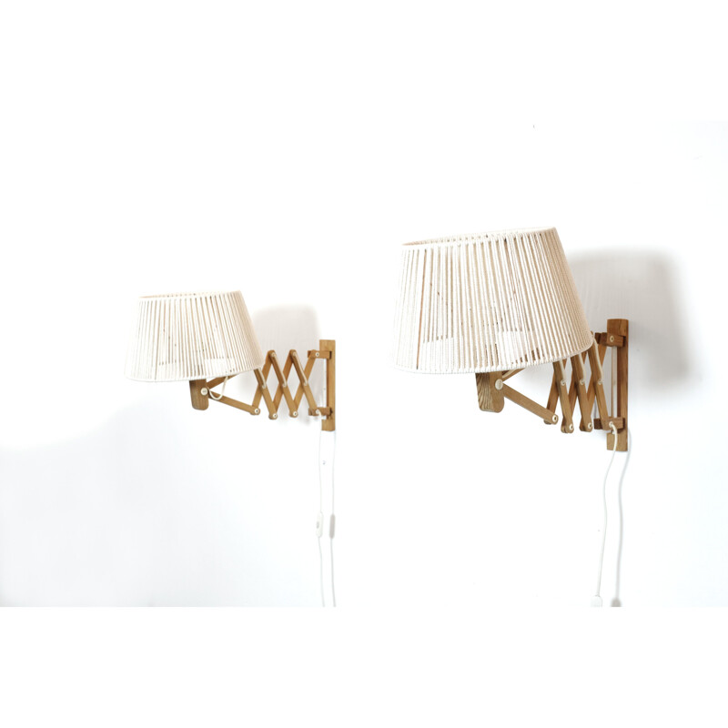 Pair of vintage pine accordion wall lamps with cotton cord shade, 1970-1980