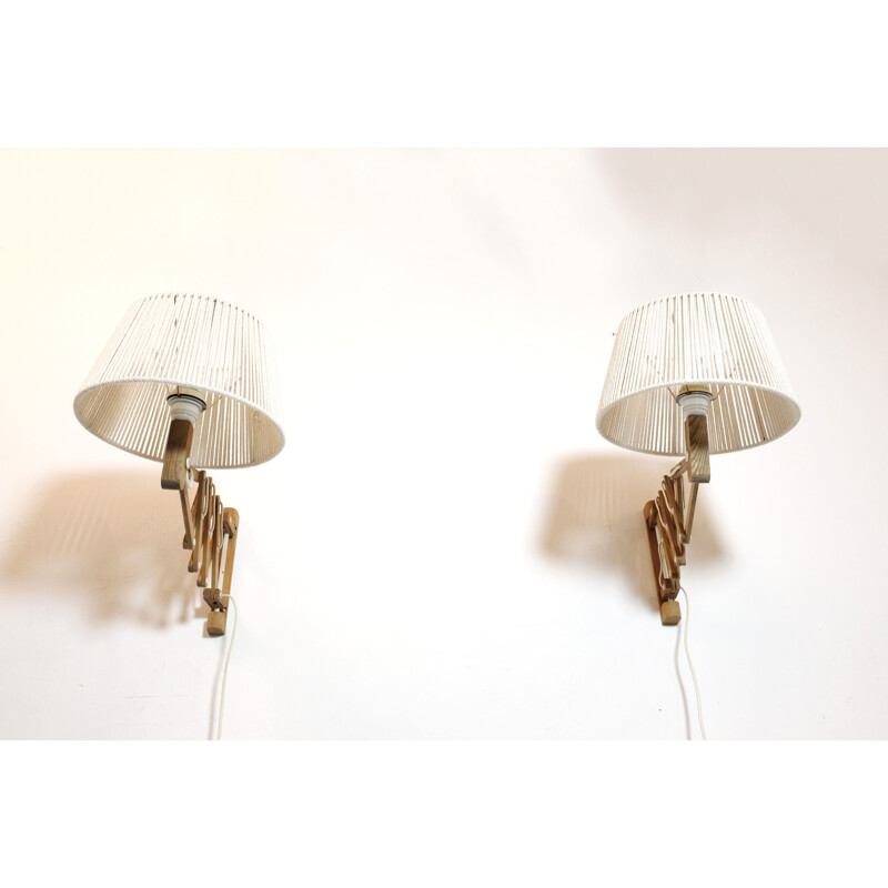 Pair of vintage pine accordion wall lamps with cotton cord shade, 1970-1980