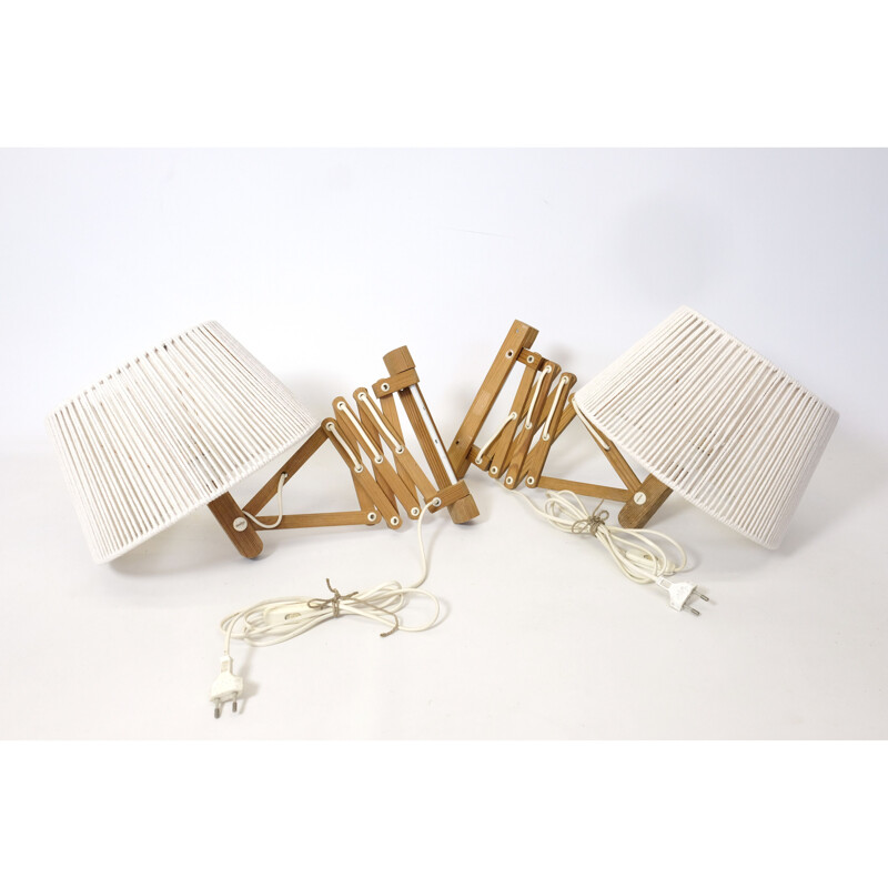 Paire d'appliques vintage accordéon en pin avec abat-jour en corde de coton, 1970-1980