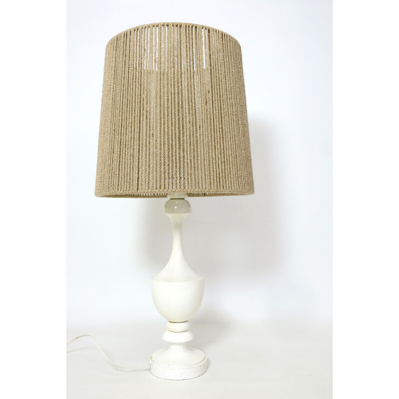 Vintage turned wood table lamp with rope shade, 1970