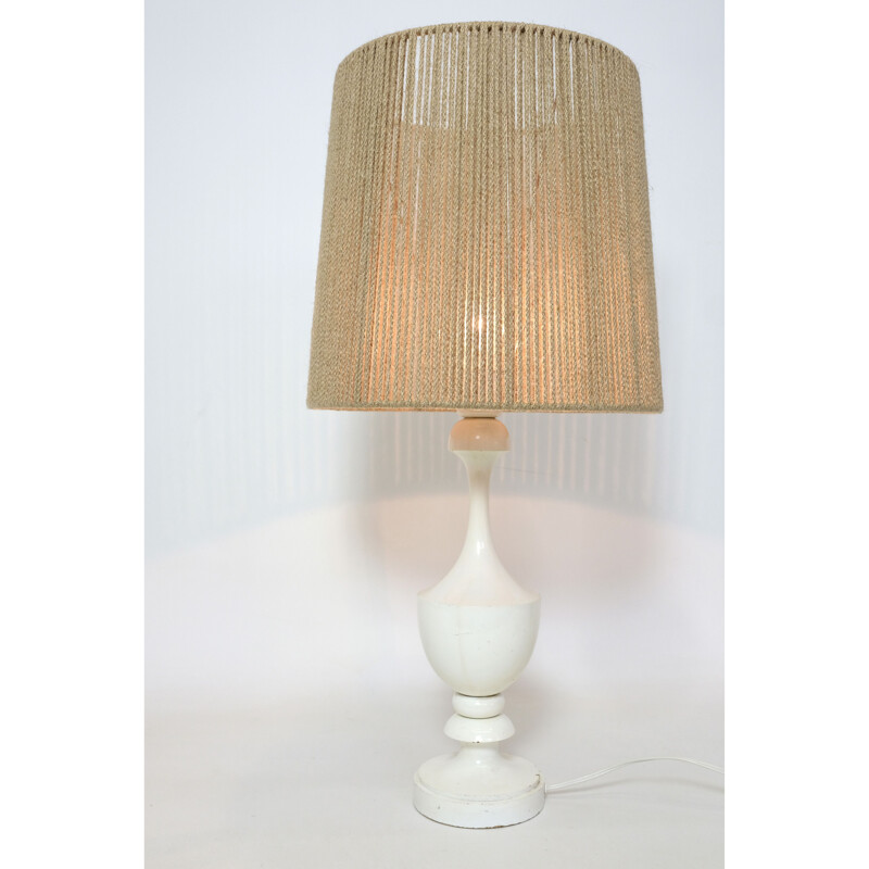 Vintage turned wood table lamp with rope shade, 1970