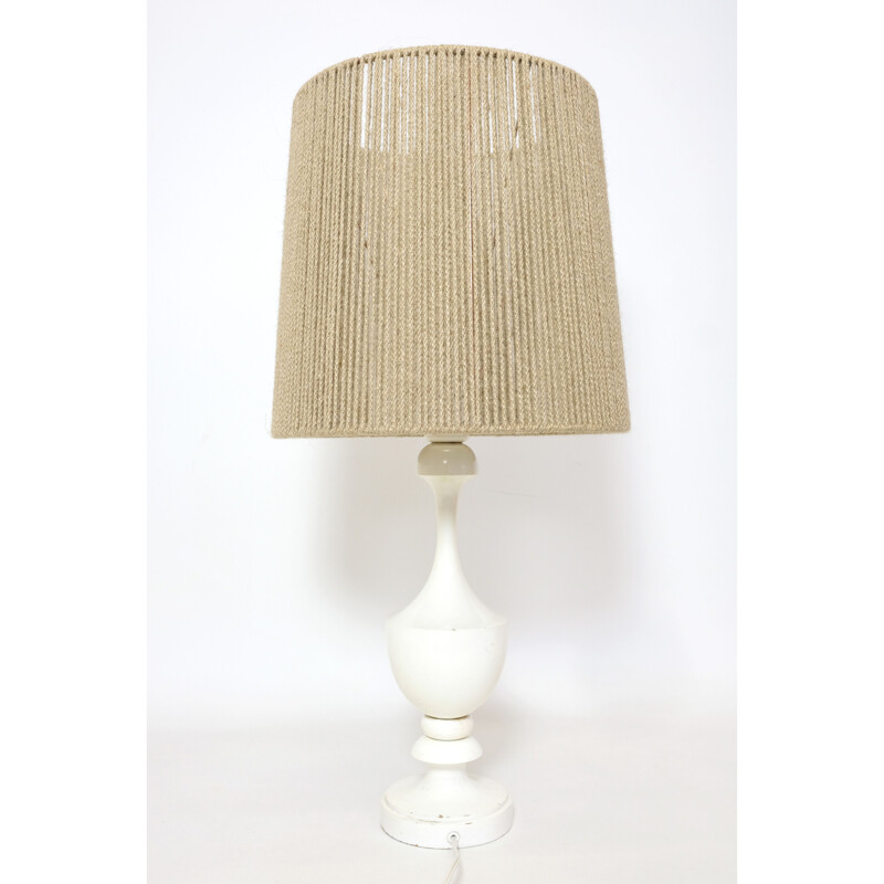 Vintage turned wood table lamp with rope shade, 1970