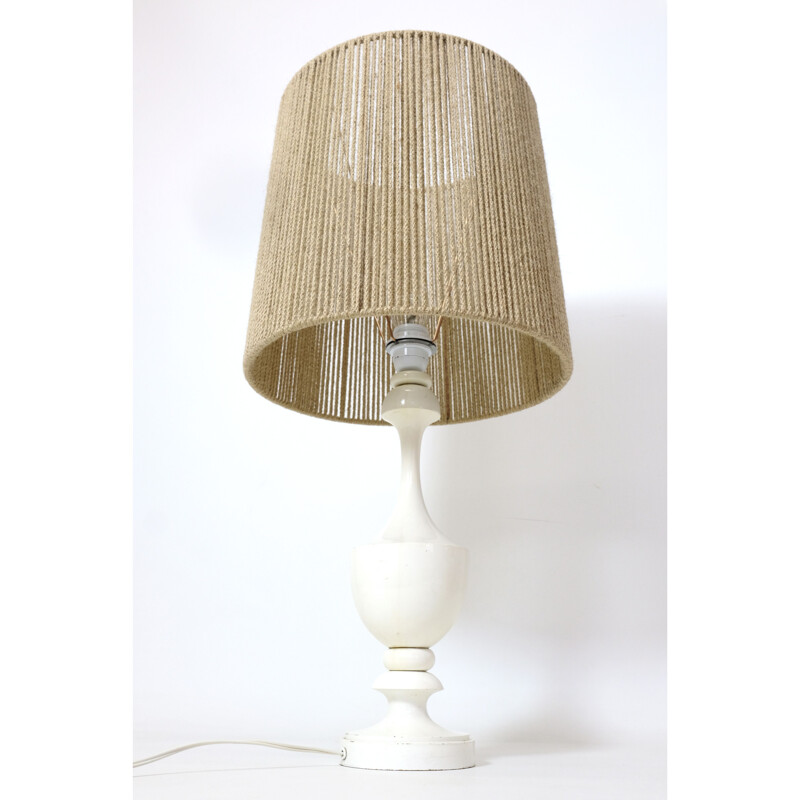 Vintage turned wood table lamp with rope shade, 1970