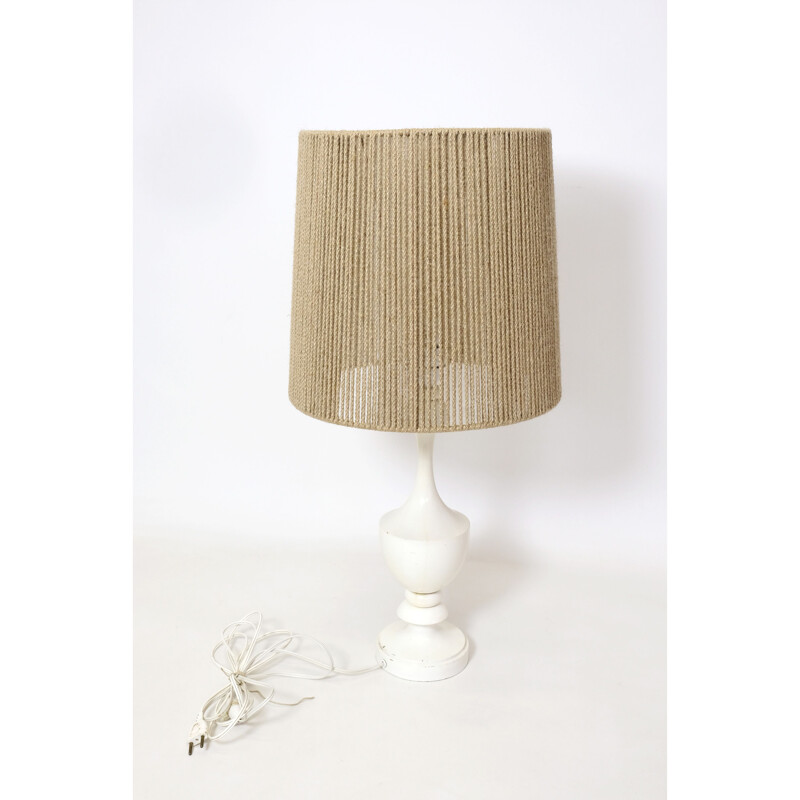 Vintage turned wood table lamp with rope shade, 1970