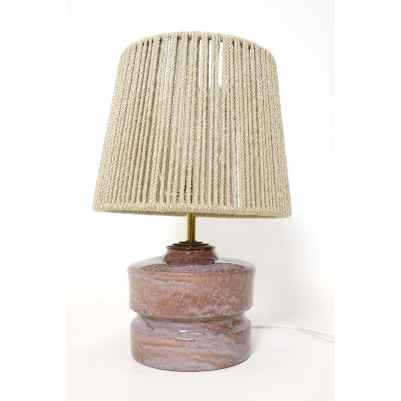 Lampe vintage en céramique rose avec son abat-jour en corde, 1970-1980