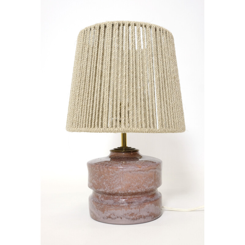 Vintage pink ceramic lamp with rope shade, 1970-1980
