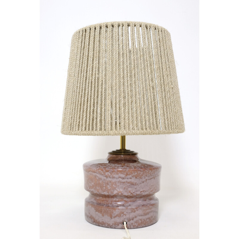 Vintage pink ceramic lamp with rope shade, 1970-1980