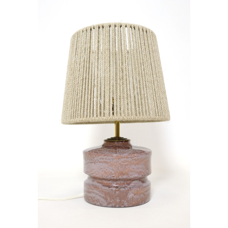 Lampe vintage en céramique rose avec son abat-jour en corde, 1970-1980