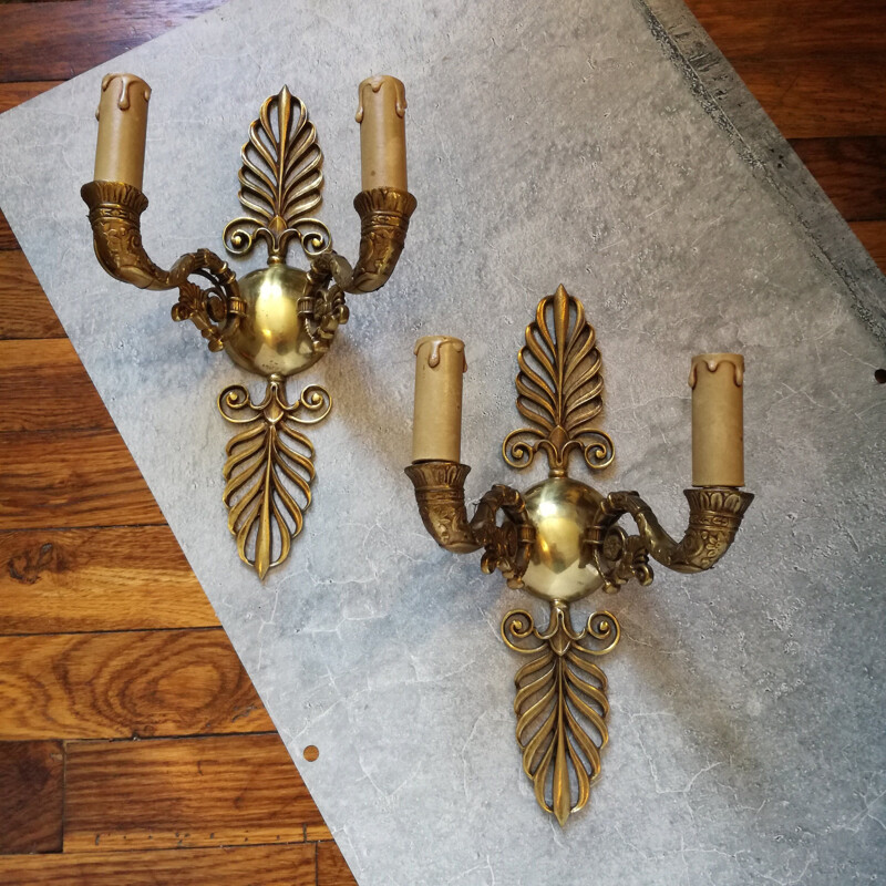 Pair of vintage bronze wall lamps, France