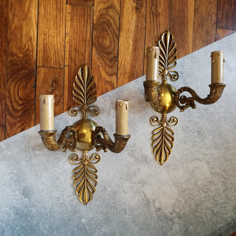 Pair of vintage bronze wall lamps, France