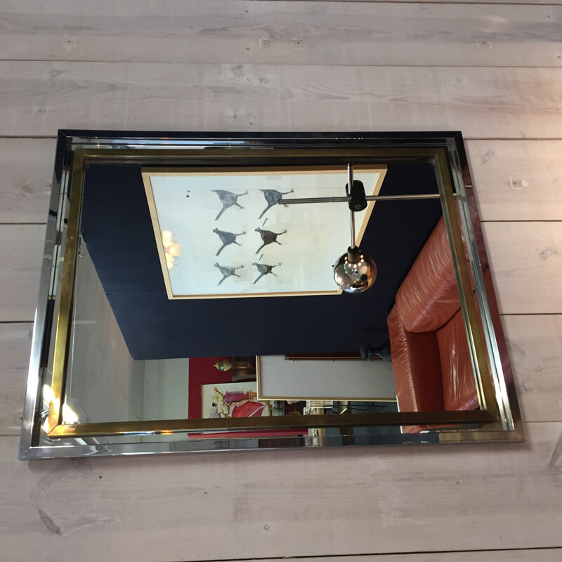 Miroir en acier chromé et laiton dorée - 1970 