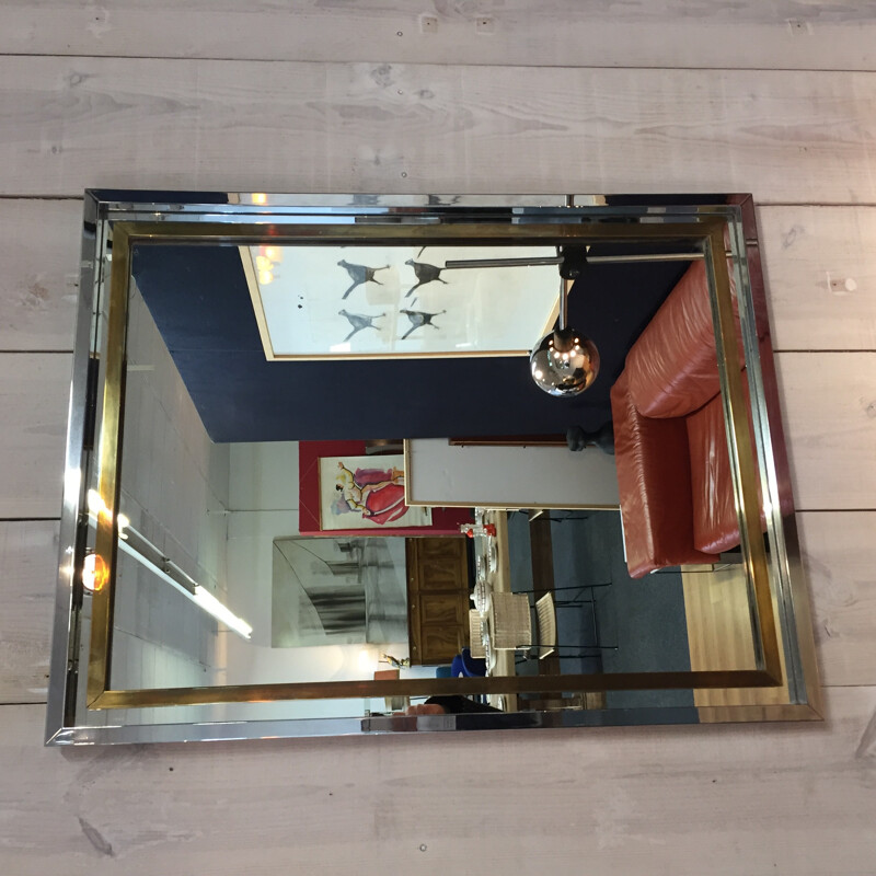 Miroir en acier chromé et laiton dorée - 1970 