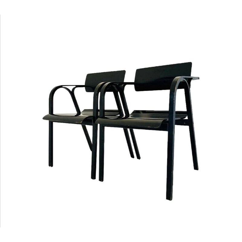 Pair of vintage armchairs in black lacquered wood by Stoppino and Meneghetti, 1980